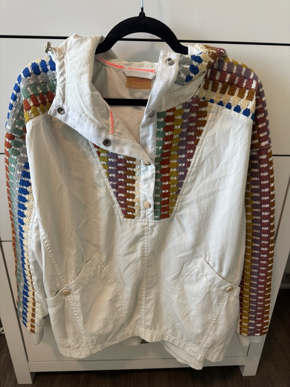FP Movement by Free People Cream Hooded Jacket with Multicolor Crochet Trim